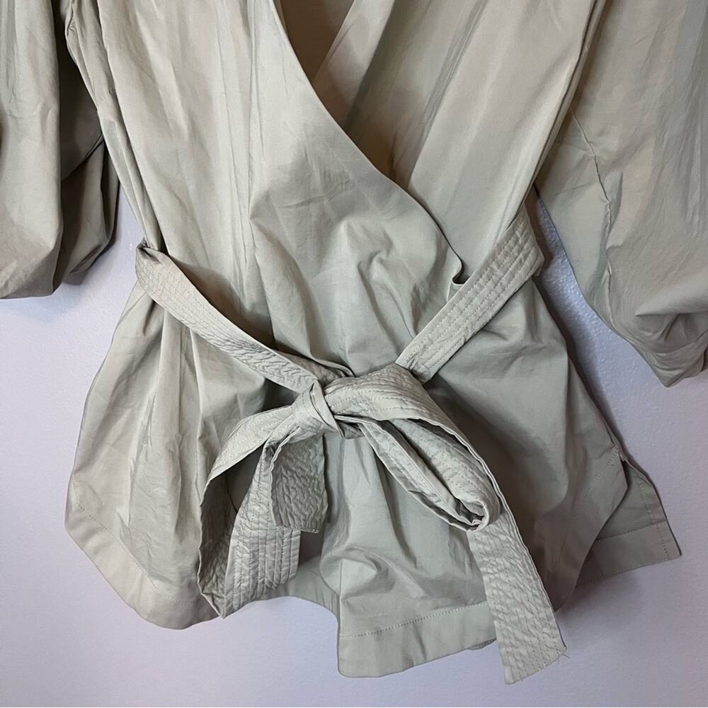 Jonathan Simkhai Waverly Bubble Sleeve Collared Tie Waist Wrap Blouse Thyme Sage - Picture 3 of 9